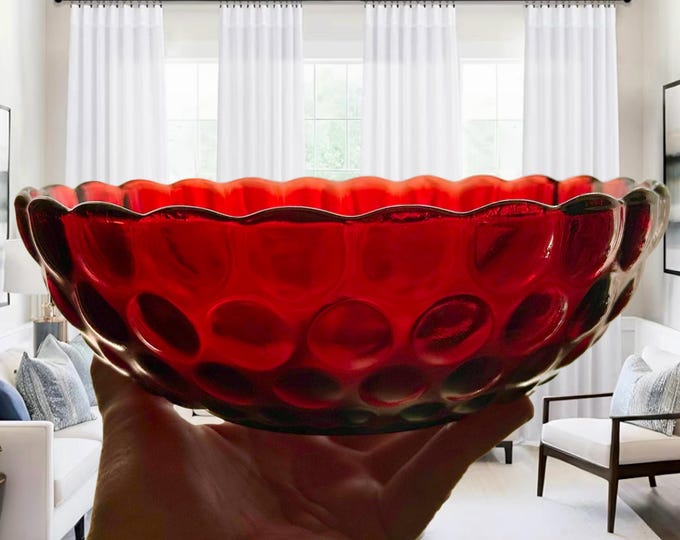 Featured listing image: Anchor Hocking Ruby Red Bubble Glass 20cm serving bowl vintage 1950s