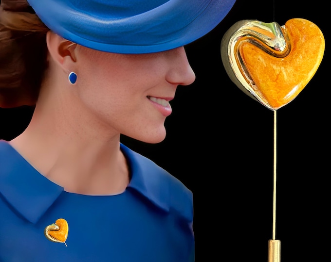 Featured listing image: Upcycled 1990s butterscotch bakelite and faux gold small heart stick pin