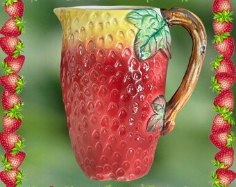 Superior made in Japan kitsch bone china figural strawberry water, juice jug pitcher 17cm tall vintage 1960s