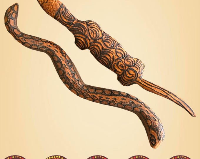 Featured listing image: Aboriginal Northern Territory indigenous vintage 1960s solid wood burnt linework carvings: goanna and serpent