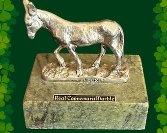 Mini spelter horse figurine on genuine Connemara marble base vintage 1970s Shannon Ireland souvenir
