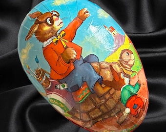 German paper mâché 9cm anthropomorphic kitsch Easter egg, bunny riding turtle, vintage 1960s