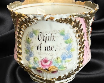 Victorian era 1890s bone china motto cup Think of Me 24k gilt edging floral design