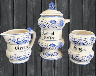 Blue Onion vintage 1960s coffee jar, sugar bowl and creamer
