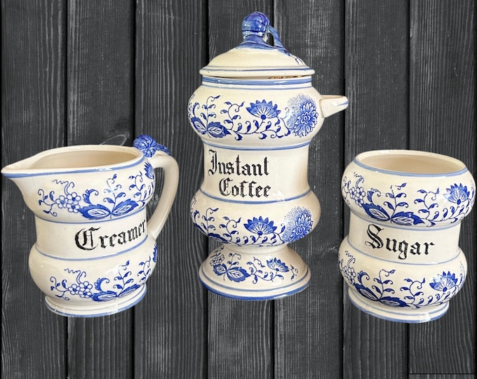 Featured listing image: Blue Onion vintage 1960s coffee jar, sugar bowl and creamer