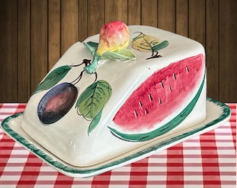 Italian hand painted fruit design butter dish vintage 1960s made in Italy
