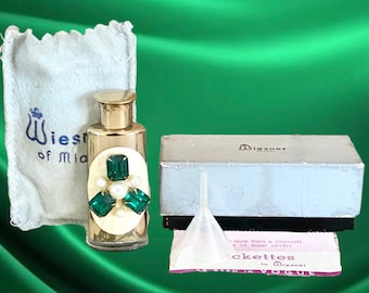 Wiesner of Miami Trickettes vintage 1950s golden jewelled mini perfume bottle in original box with original sachet, funnel and certificate