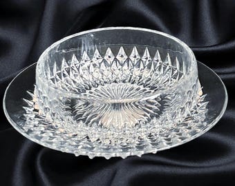 Indiana Glass Diamond Point clear pressed glass serving bowl with plate vintage 1960s