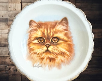 Derick Bown mini porcelain pin, ring or trinket dish featuring orange fluffy cat vintage 1960s