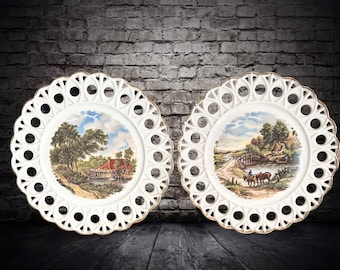 J C van Hunnik fine china country scene pierced edge 23cm decorative hanging plates