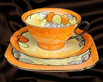 Victoria China Czechoslovakia vintage 1930s Art Deco teacup saucer and side plate trio