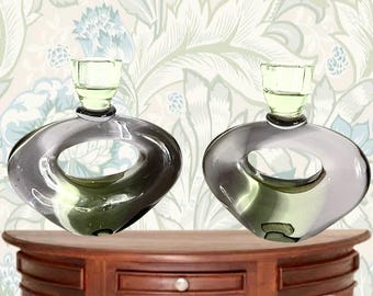 Skrdlovice Glass Czechoslovakia vintage 1960s pair candle holders