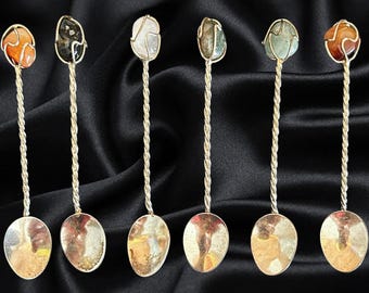 H Stern small solid silverplate twist gemstone mini 9cm sugar or tea spoons set of 6 vintage 1940s