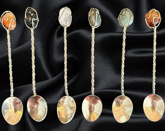 Featured listing image: H Stern small solid silverplate twist gemstone mini 9cm sugar or tea spoons set of 6 vintage 1940s