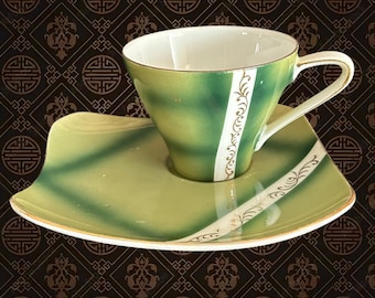 MCM 1960s Japanese fine china tennis cup and saucer duo, ombre green
