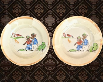 Mini children's lusterware edge plates, vintage 1950s Japan: hand painted bear design