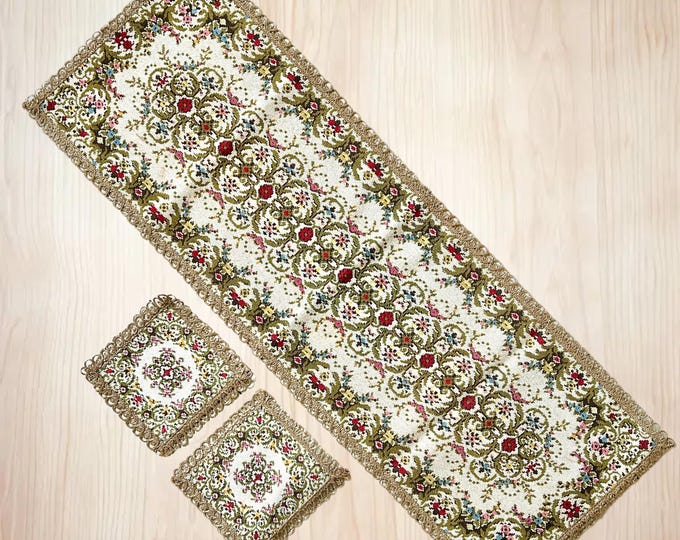 Featured listing image: Vintage tapestry embroidered table runner with matching side plate coaster mats 1970s