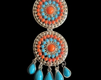 Boho chic vintage 1980s upcycled double brooch goldtone setting orange and blue beads8