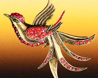 Bird of Paradise vintage 1970s goldtone and red rhinestone jeweled brooch