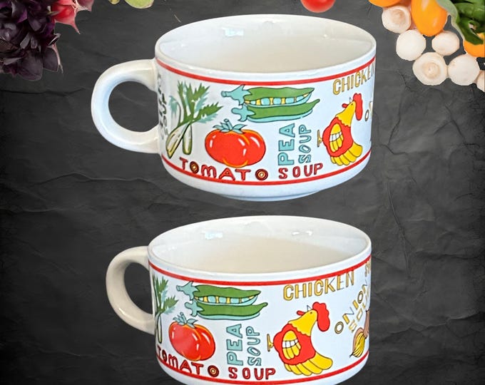 Featured listing image: Vintage 1970s large pop art style soup mug bowls: set of 2