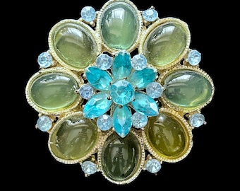1960s vintage olive green cats eye and faux blue crystal round brooch with rolling clasp