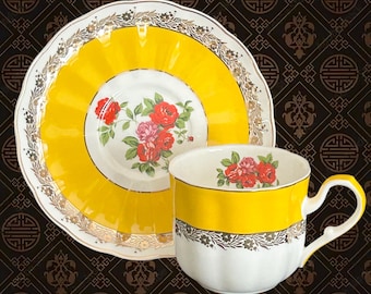 T2 vintage floral rose yellow and white fine bone china cup and saucer duo