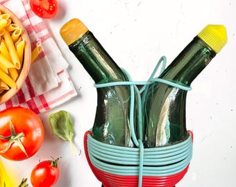 Calamassi vintage 1960s Italian wrapped double neck oil and vinegar glass bottle cruet