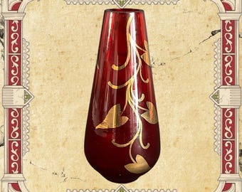 Bohemia Czechoslovakia 12cm red glass vase 24k gold detailing vintage 1960s
