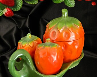 1970s vintage West German ceramic mini salt and pepper figural strawberry cruet set