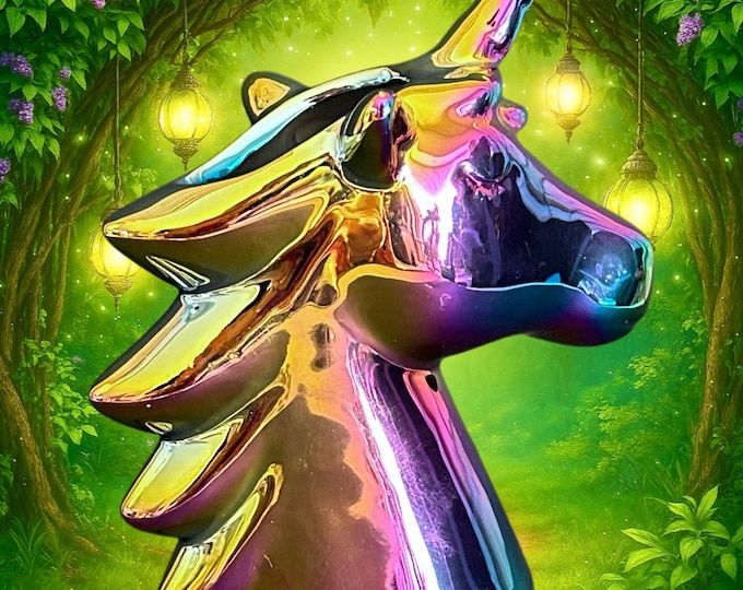 Featured listing image: Vintage kitsch iridescent holographic luster 12.5cm unicorn posy vase