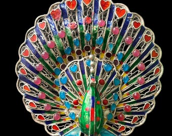 Silver and enamel cloisonne filigree peacock brooch vintage 1950s