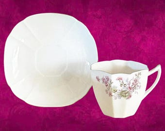 Art Deco 1920s fine bone china octagonal cup saucer duo floral theme, unmarked