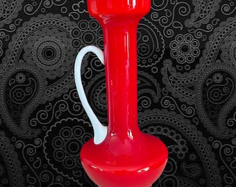 Opalina Fiorentina MCM tall red and white glass pitcher vase vintage 1960s