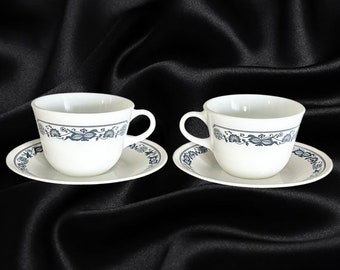 Pyrex Old Town microwave safe vintage 1970s coffee tea cups with matching Corelle saucers