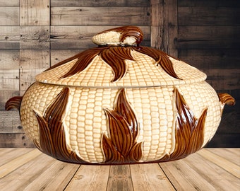 Corn cob kitsch stylised vintage 1980s lidded 1.5 litre serving tureen, casserole dish pale yellow with brown detailing