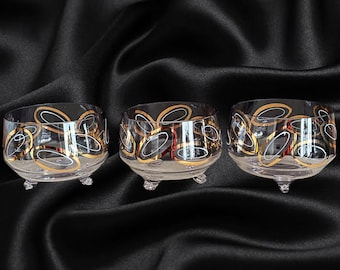 MCM set of 3 vintage clear glass footed dessert parfait matcha bowls gold and white pattern