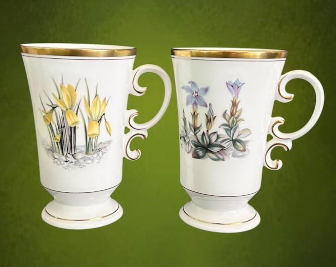 Featured listing image: Royal Worcester Alpine Flowers set of 2 Irish Coffee, chocolate cups vintage 1961