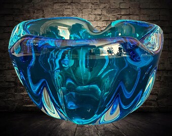 Murano deep teal blue studio glass ashtray vintage 1970s tobacciana