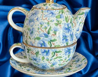 Ainsley China Two's Company chintz stacking teapot cup and saucer vintage 1980s