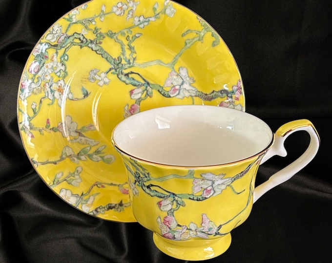 Featured listing image: T2 vintage apple blossom yellow fine bone china cup and saucer duo