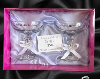 Silver 25th Wedding Anniversary vintage 1960s boxed pair of coupe champagne toasting glasses