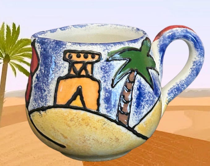 Featured listing image: Vintage tube lined signed studio pottery creamer with desert scene vintage early 2000s