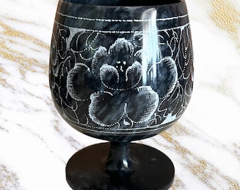 Black engraved marble drinking goblet floral motif vintage 1980s