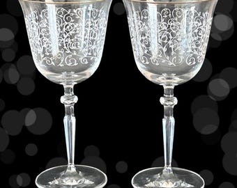 Fostoria gold edged vintage 1960s pair etched crystal wine glasses