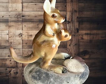 Mini Wade Whimsy style bisque porcelain kangaroo with joey on smooth rock figurine vintage 1970s unmarked