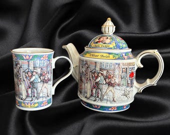 Sadler England Oliver Twist Lyric Charles Dickens Collection fine bone china 2 cup teapot matching beaker mug vintage 1990s