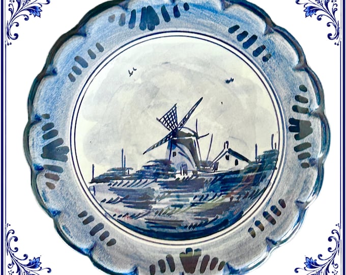Featured listing image: Delft Holland small blue and white glazed earthenware wall hanging plate, vintage 1950s