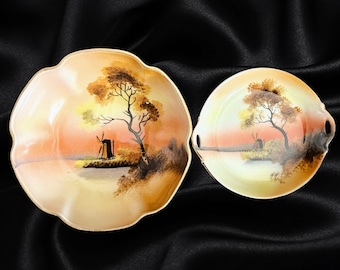 Noritake 1920s unmarked fine bone china small footed and matching twin handle dishes in Windmill pattern
