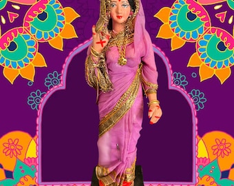 Indian national dress vintage 1960s collectible doll porcelain face purple sari