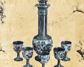 Black engraved onyx marble floral motif decanter with 5 liqueur glasses vintage 1980s